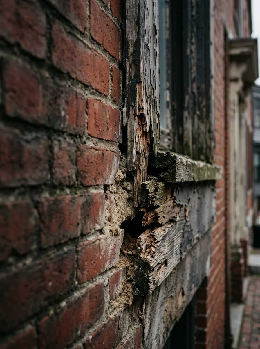 Close-up of weathered brick and wooden trim on a Charlestown row house, showing gaps and cracks where rodents and carpenter ants enter.