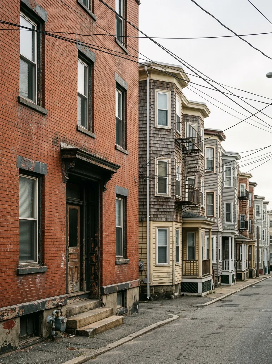 Dense urban neighborhood in Chelsea showing closely-spaced single-family and multifamily homes typical of the city's housing stock