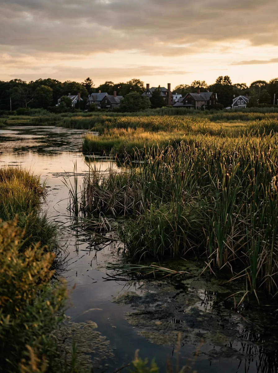 Danvers River and marshland landscape showing moisture-rich environment that attracts termites, carpenter ants, and rodents to nearby residential properties
