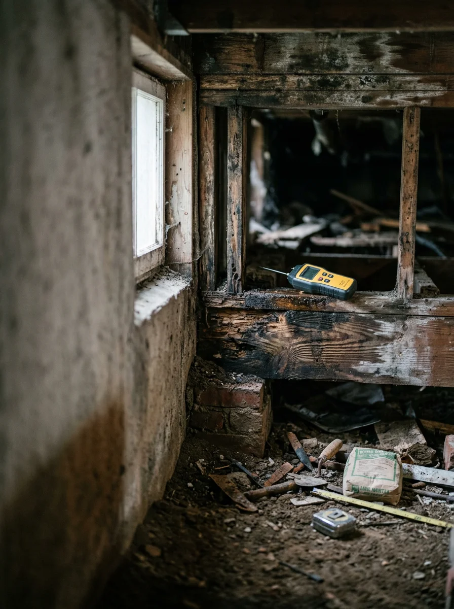 Damp basement or crawl space with exposed wood framing and moisture damage, illustrating the conditions that attract termites and rodents in Dorchester's aging homes.