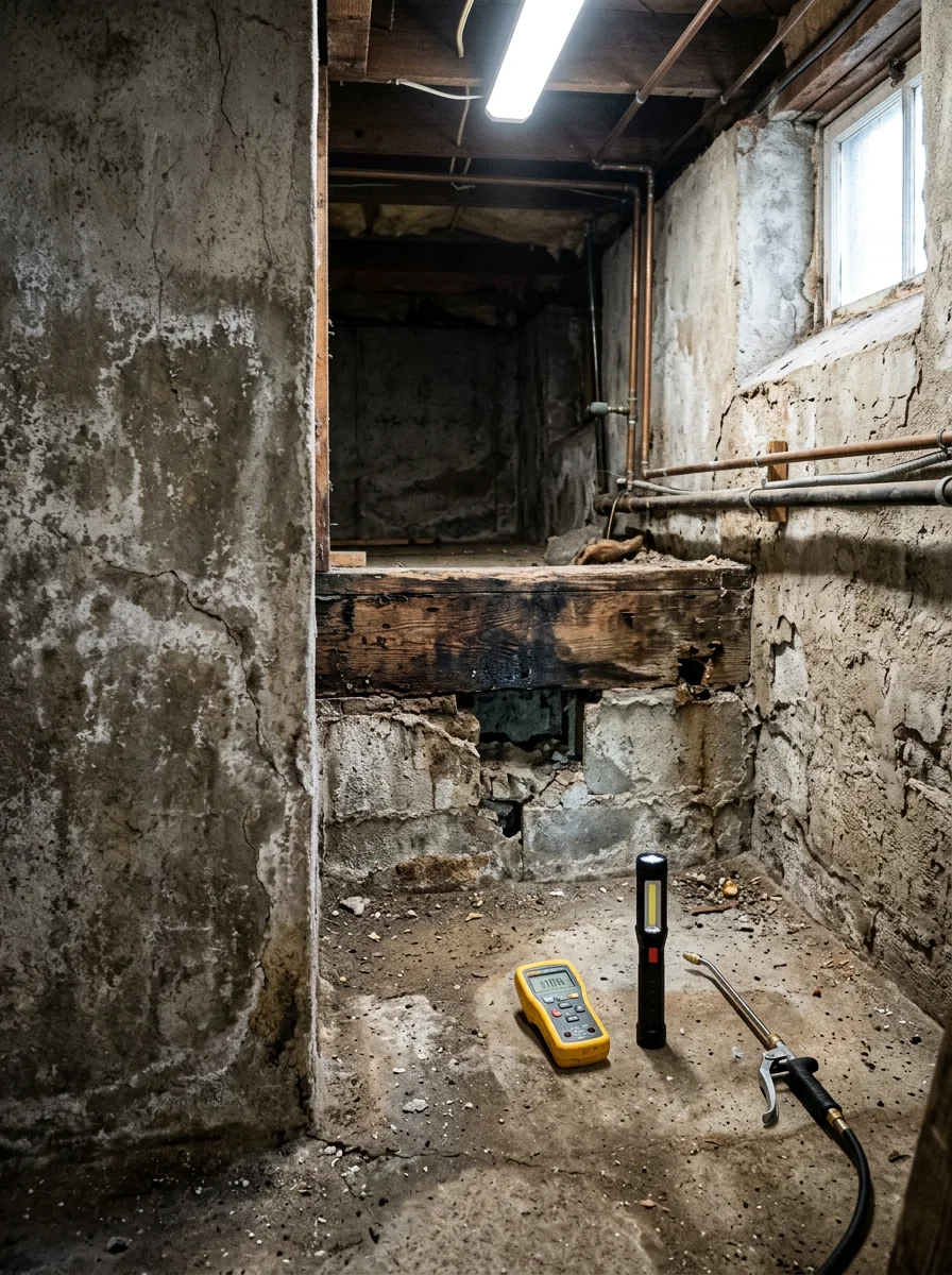 Basement crawl space in older East Boston home showing moisture, exposed wood framing, and foundation gaps
