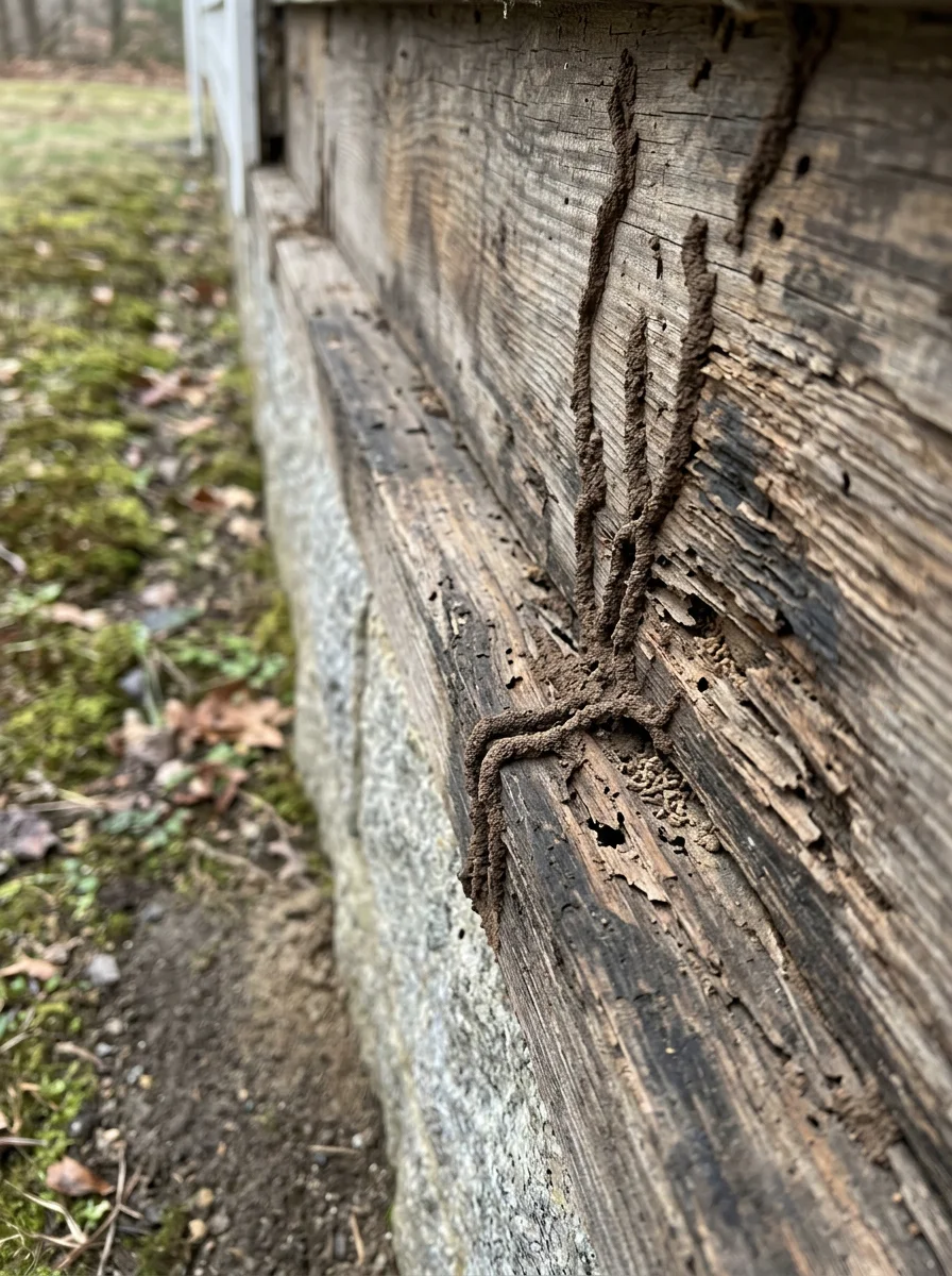Close-up of wooden foundation and sill plate showing termite mud tubes and wood damage common in Foxborough's pre-1960 homes
