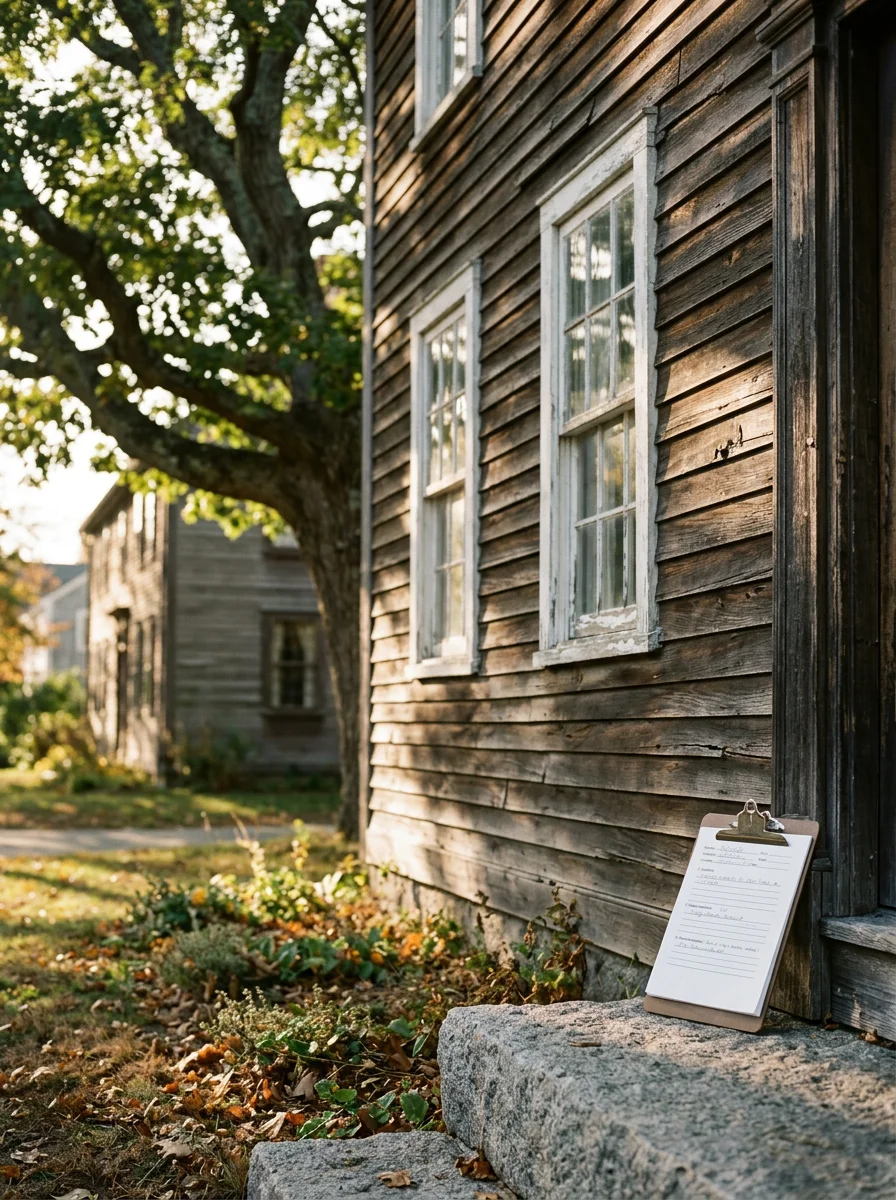 Historic colonial home in Hingham with antique wood siding vulnerable to carpenter ants and termites, requiring professional pest inspection