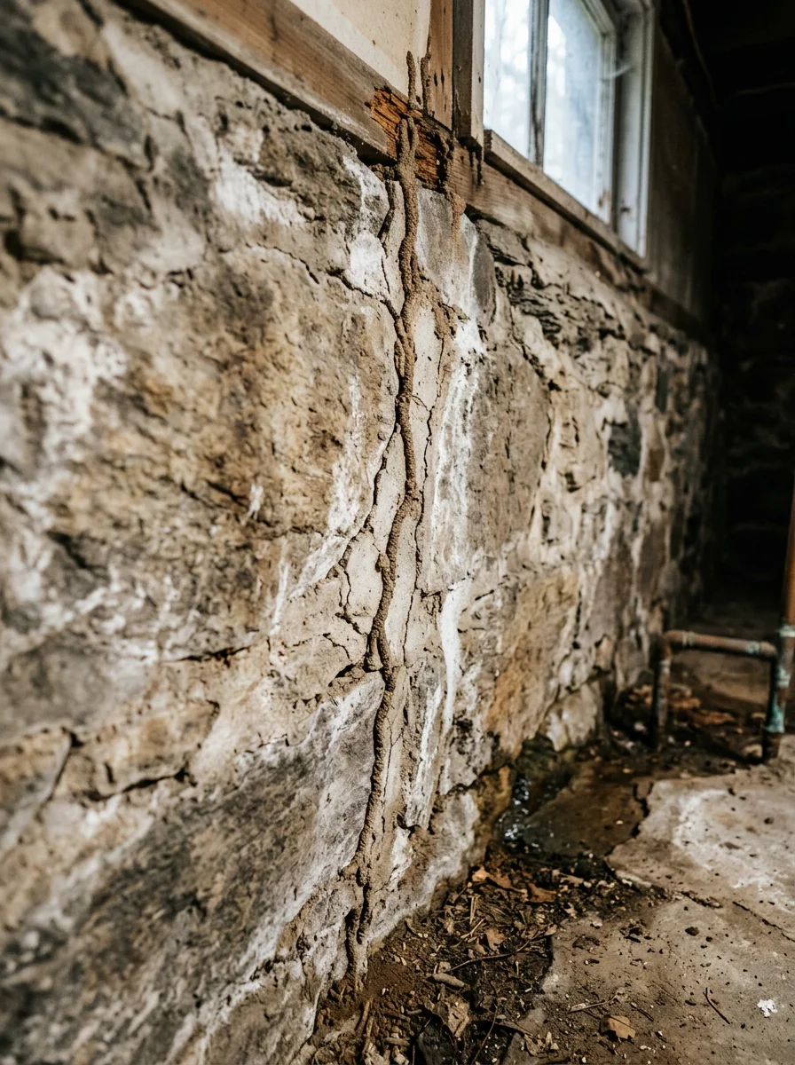 Close-up of foundation and basement area showing moisture and potential termite entry points in older Boston home