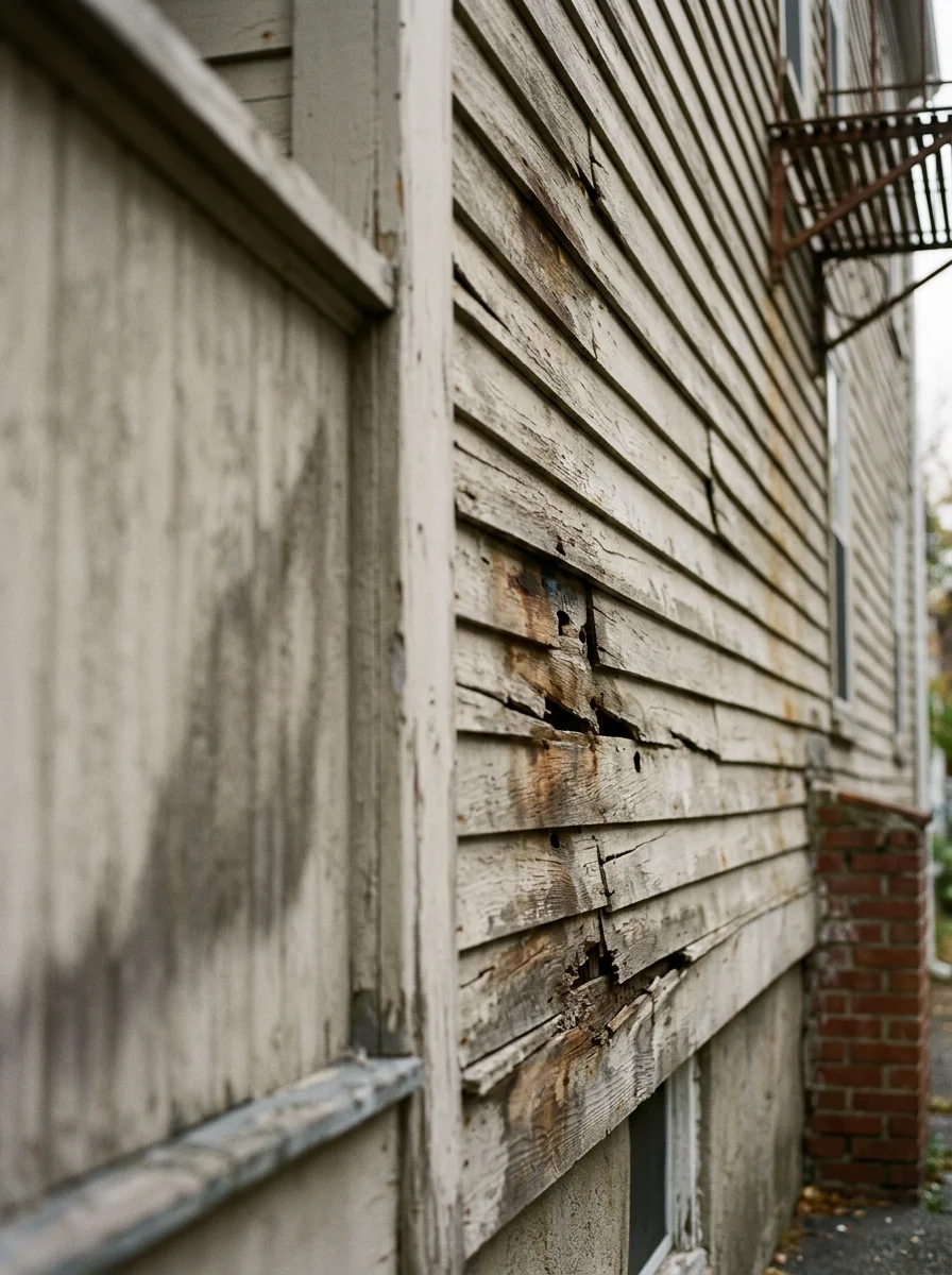 Close-up of wooden triple-decker exterior showing gaps and weathered siding where rodents and carpenter ants enter older Boston homes