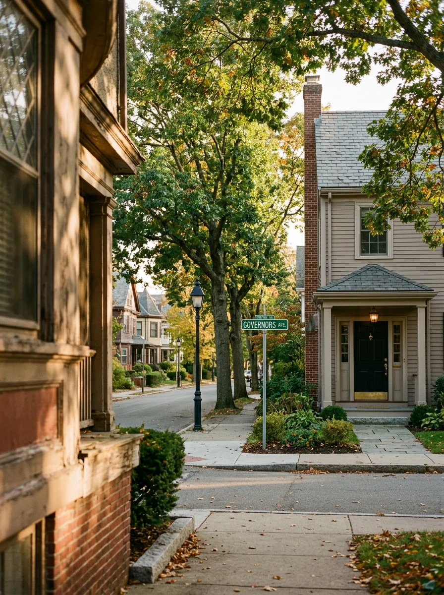 Medford residential street lined with pre-1940s colonial and Victorian homes near the Mystic River
