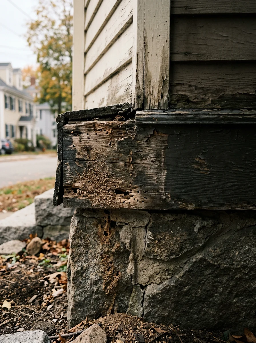 Close-up of aged wood trim and foundation detail on a Melrose home showing moisture damage and potential pest entry points