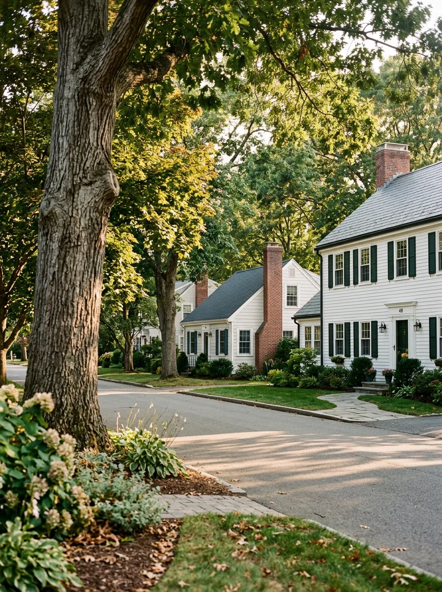 Milton residential street with older homes and wooded landscape typical of Blue Hills area
