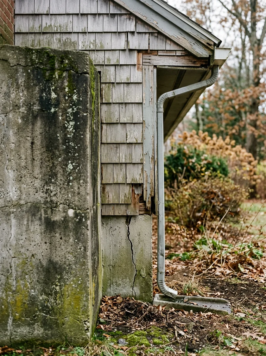 Older Needham home foundation and wood trim showing entry points where pests can access the structure