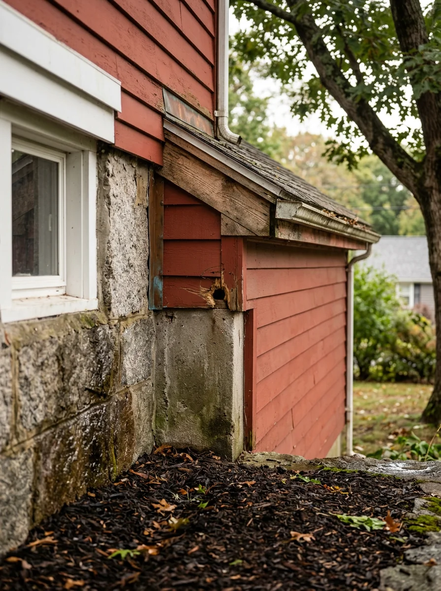 Mid-century ranch home in North Reading with foundation and roof line vulnerable to rodent and termite entry