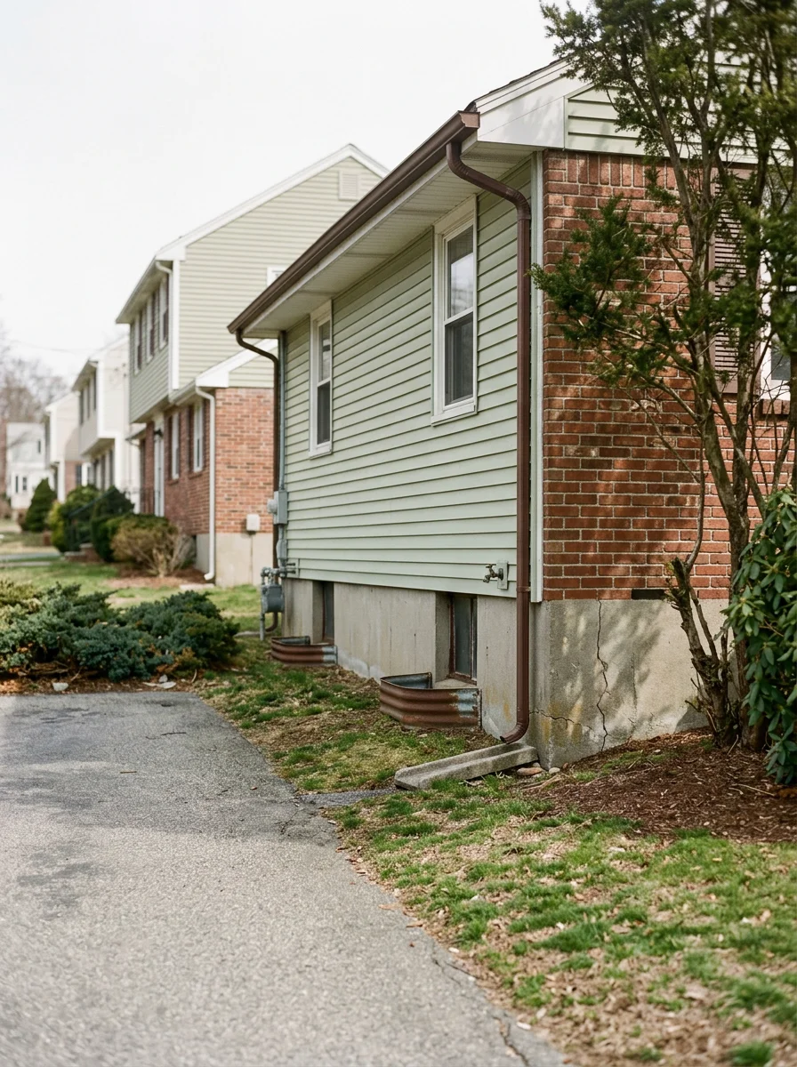 Reading, MA suburban street with mix of older and mid-century homes showing typical foundation and basement entry points where pests infiltrate