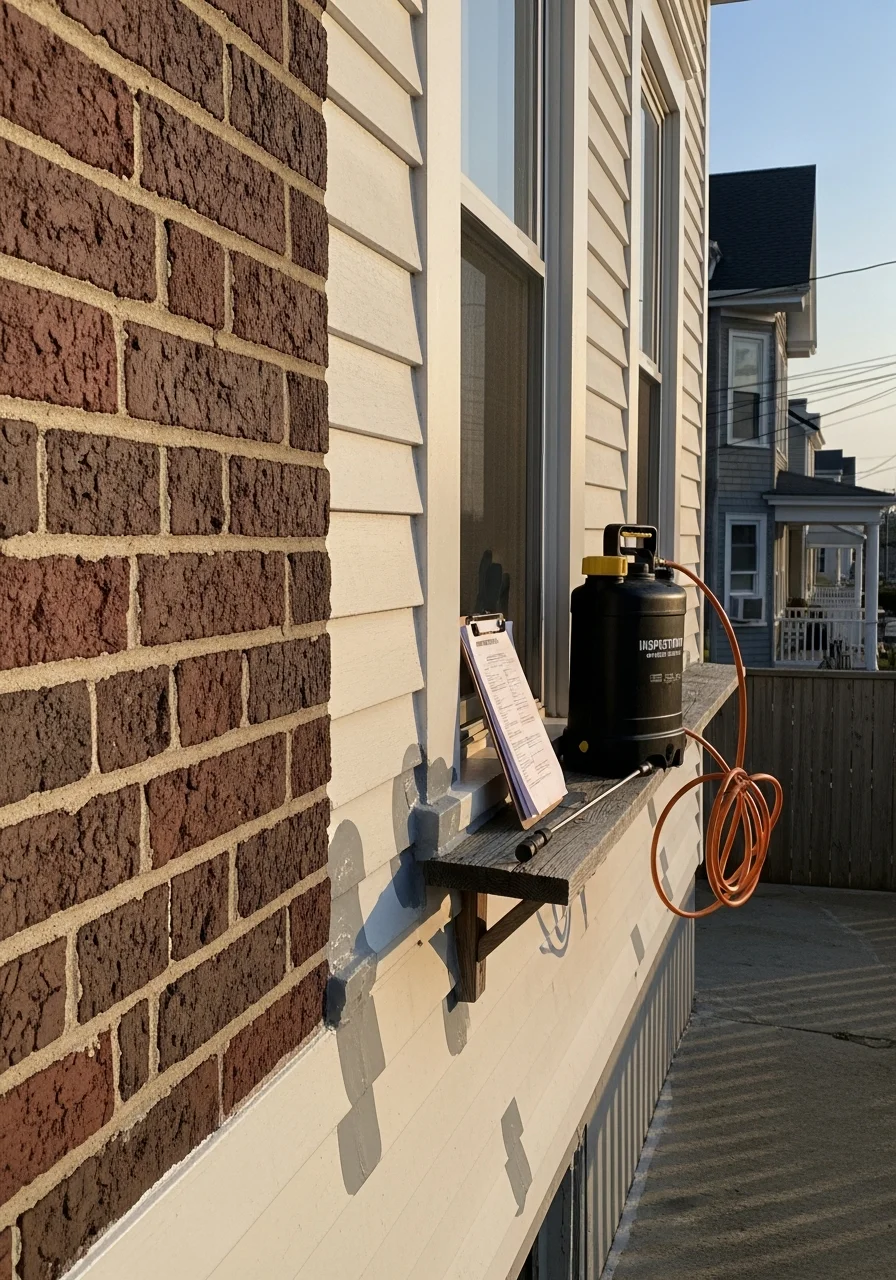 Tradesperson working on exterior maintenance of a Revere waterfront property.