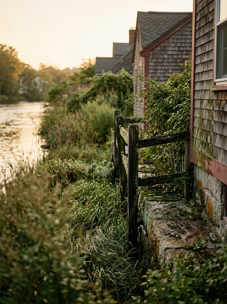 Saugus River waterway bordered by residential properties, illustrating moisture-rich environment that attracts termites and carpenter ants
