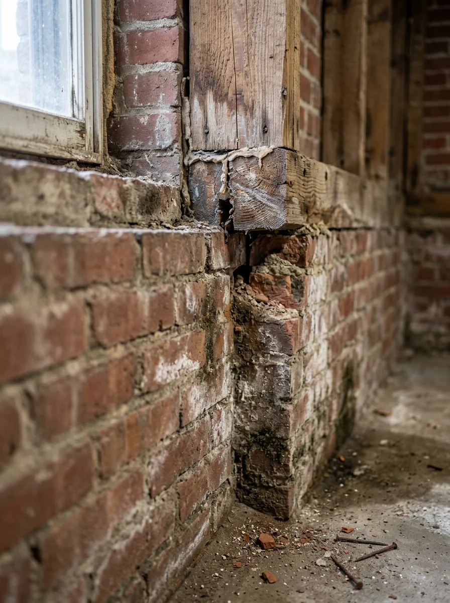 Close-up of wooden foundation and basement area showing moisture and pest entry points in older South Boston home