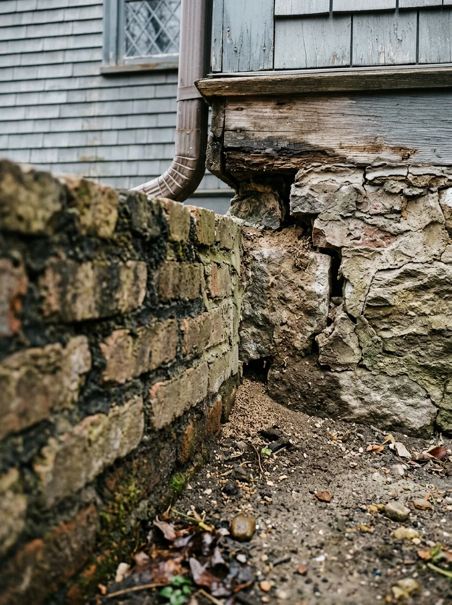 Foundation and crawl space entry point on older Stoughton home showing gaps and potential pest access areas