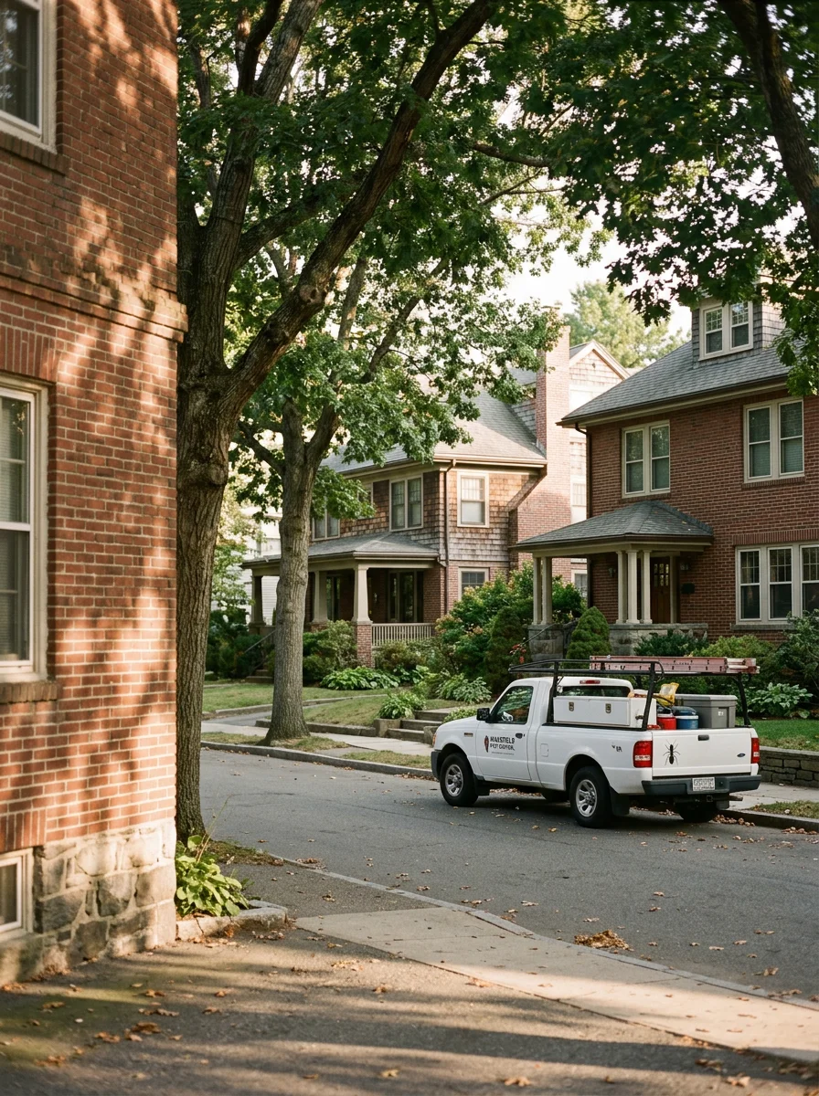 Wakefield residential street with pre-1950 homes, brick foundations, and established trees near Lake Quannapowitt area