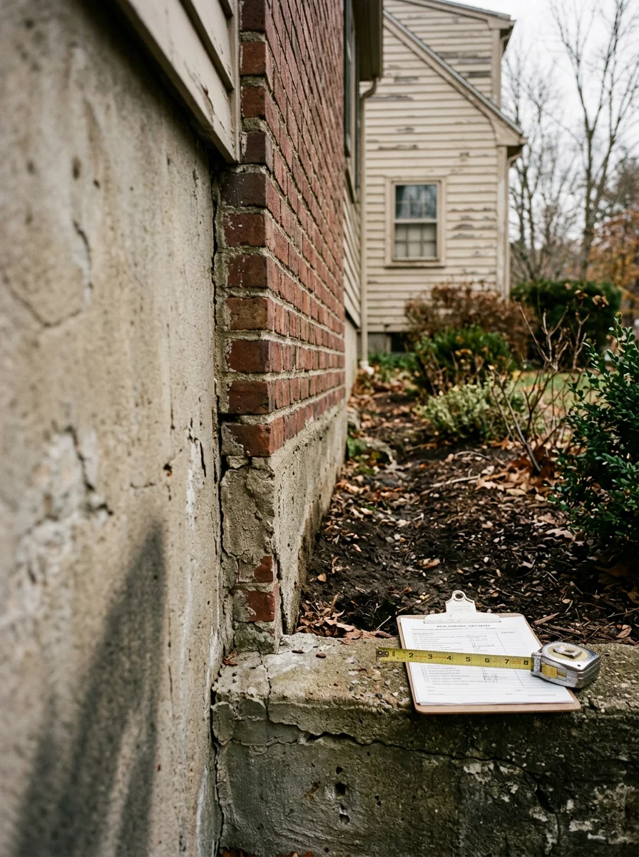Older single-family home in north Waltham with foundation and exterior wall detail showing pest entry points