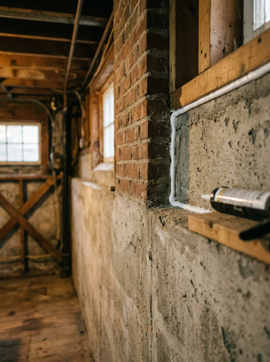 Close-up of foundation sealing and exclusion work on an older Watertown home's basement rim joist and sill plate.