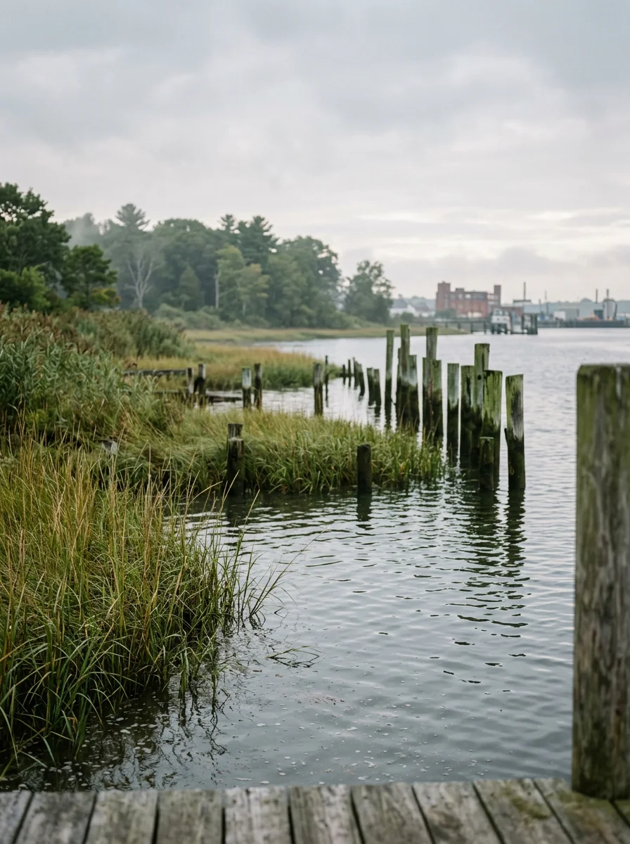 Weymouth Back River and coastal wetlands showing the humid, moisture-rich environment that drives pest pressure in the area