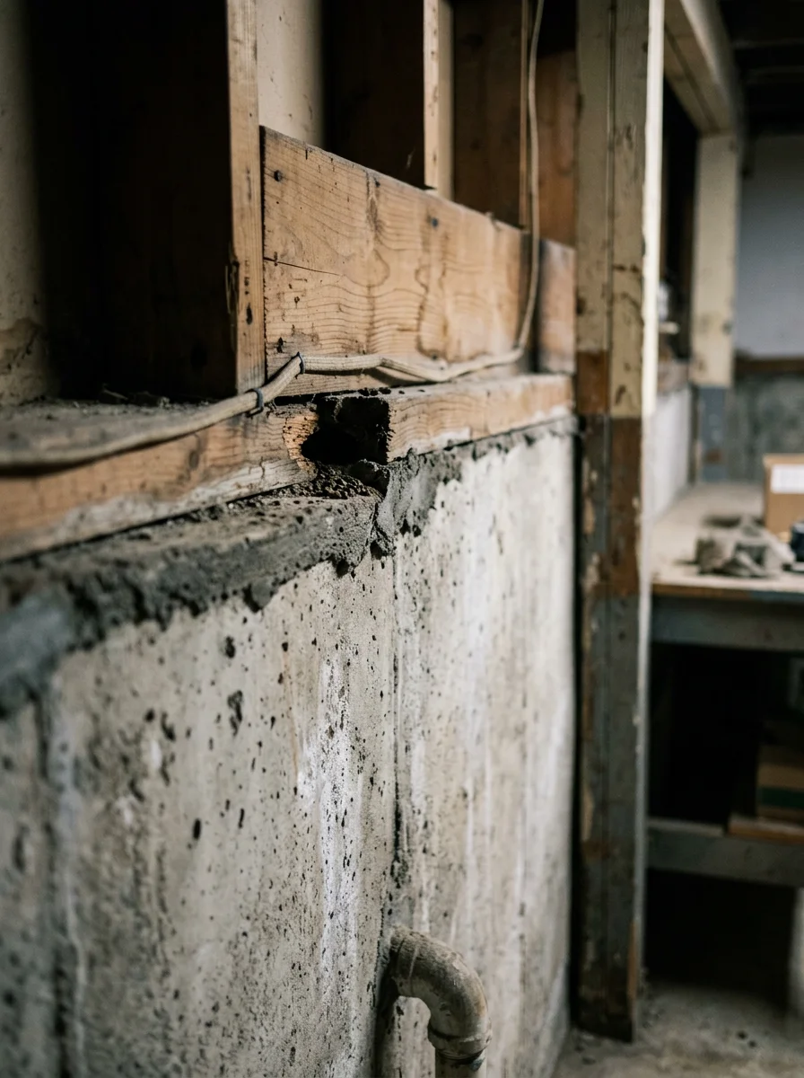 Basement rim joist and foundation gap typical of Wilmington post-war construction where rodents enter