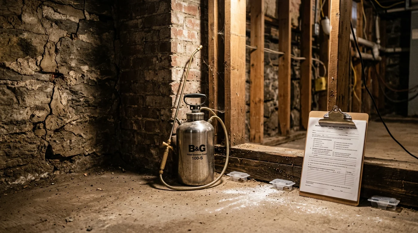 A pest control technician from Lighthouse Exterminators LLC inspecting a wooden baseboard for ant activity inside a Boston-area home. Close-up view showing an ant trail along the floor near a kitchen cabinet.