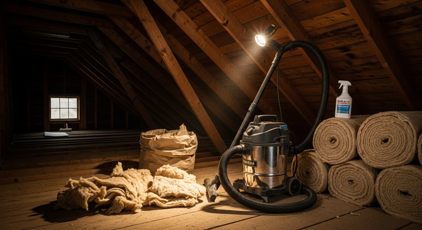 A Boston attic space after professional sanitization, showing clean exposed joists and fresh insulation free of rodent droppings and nesting debris. A Lighthouse Exterminators LLC technician in protective gear works near the attic hatch during the remediation process.
