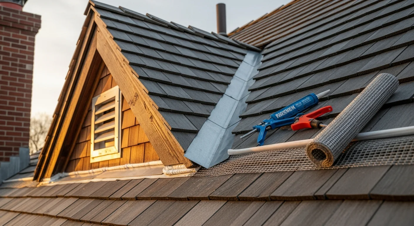 A wildlife control technician sealing a gap along the roofline soffit of a Boston wood-frame home during an attic exclusion service. Reinforced vent covers and sealed eave openings are visible on the exterior of the structure.