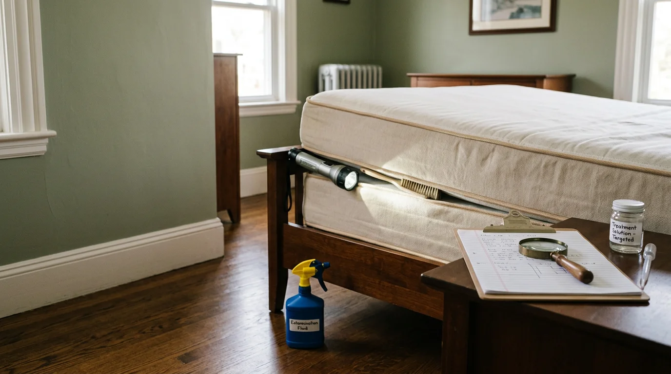 A pest control technician inspecting a mattress seam and bed frame for signs of bed bugs inside a Boston apartment. Close-up view shows a flashlight being used to examine baseboards and furniture joints during a professional bed bug inspection.