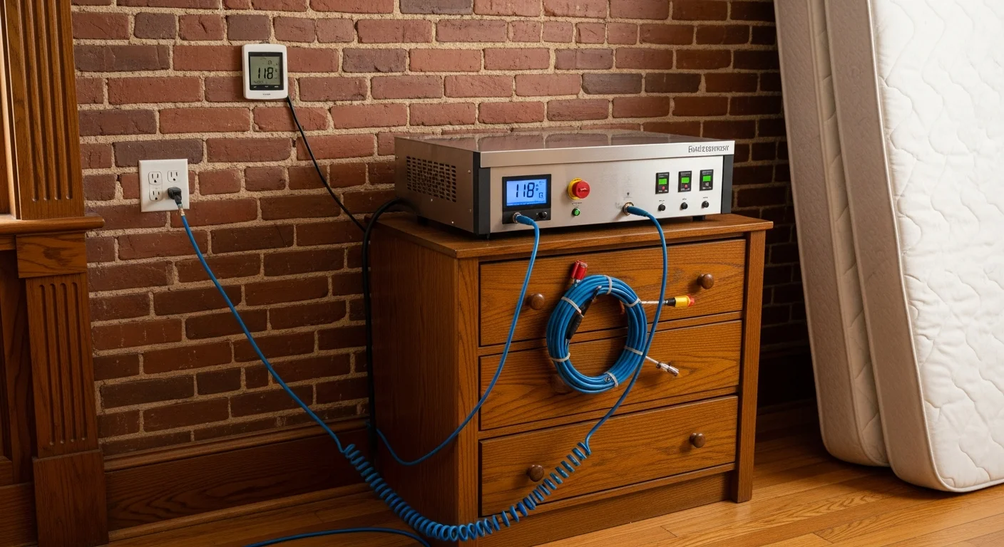 A pest control technician from Lighthouse Exterminators LLC setting up heat treatment equipment inside a Boston apartment bedroom. Industrial heating units are positioned near a bed and dresser in a multi-unit residential building.