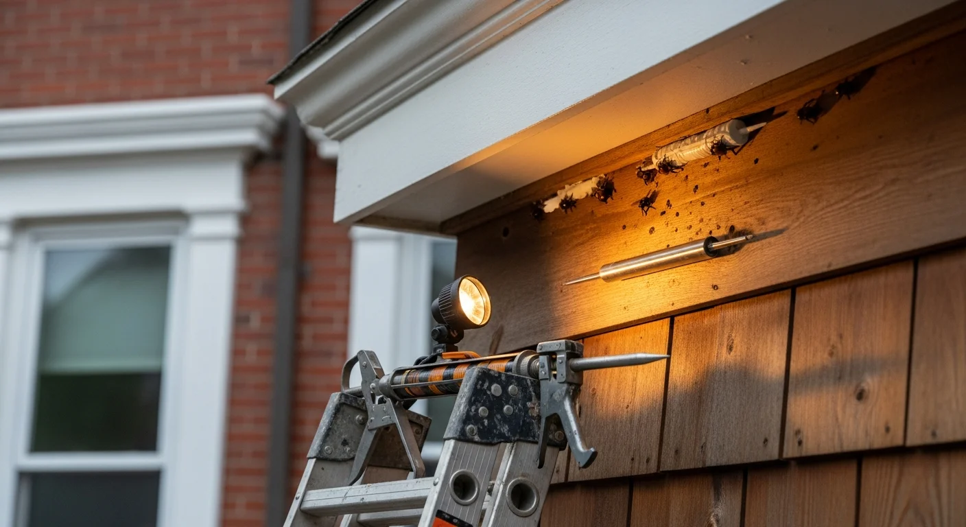 A pest control technician in protective gear inspecting a wood soffit on a Boston residential property for carpenter bee activity. Close-up view of circular bore holes in weathered deck wood with sawdust residue visible below the entry points.