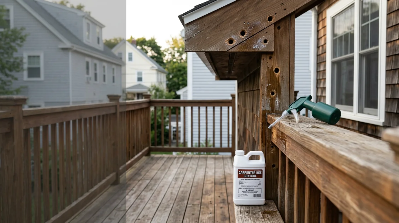 A pest control technician inspecting a bee nest under the eave of a residential home in the Boston area. The technician is examining the nest entry point on the wood soffit of a two-story house.