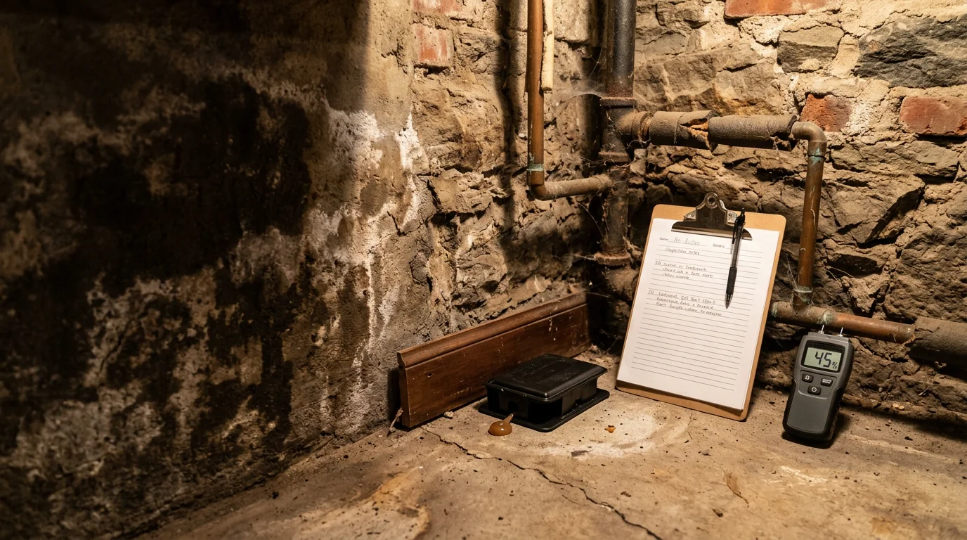 A pest control technician from Lighthouse Exterminators LLC inspecting beneath a kitchen sink in a Boston multi-unit residential building for cockroach harborage points. The image shows a flashlight beam revealing a gap around a drain pipe where cockroaches commonly enter.
