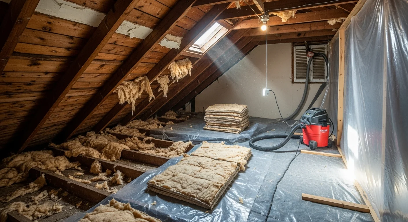 A Boston attic with pest-contaminated insulation fully removed, exposing clean wood framing and joists ready for sanitization. A Lighthouse Exterminators LLC technician in protective gear inspects the cleared space before reinstallation.