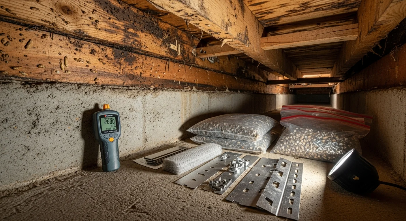 A Boston home crawl space after pest remediation, showing cleared insulation, sealed foundation gaps, and clean wood joists. The space is dry and free of visible pest activity or debris.