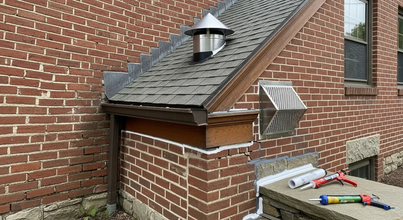 A wildlife exclusion technician sealing a soffit gap on a Boston multifamily home. Finished entry points show secured vent covers and sealed roofline edges with no visible gaps.