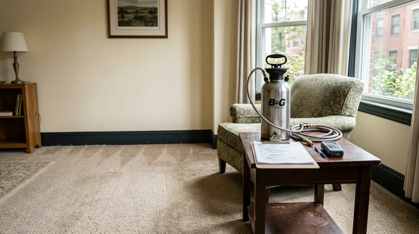 A pest control technician from Lighthouse Exterminators LLC treating carpet and baseboards in a Boston residential home for fleas and mites. The technician applies targeted treatment to low-lying areas and furniture in a multi-room interior.
