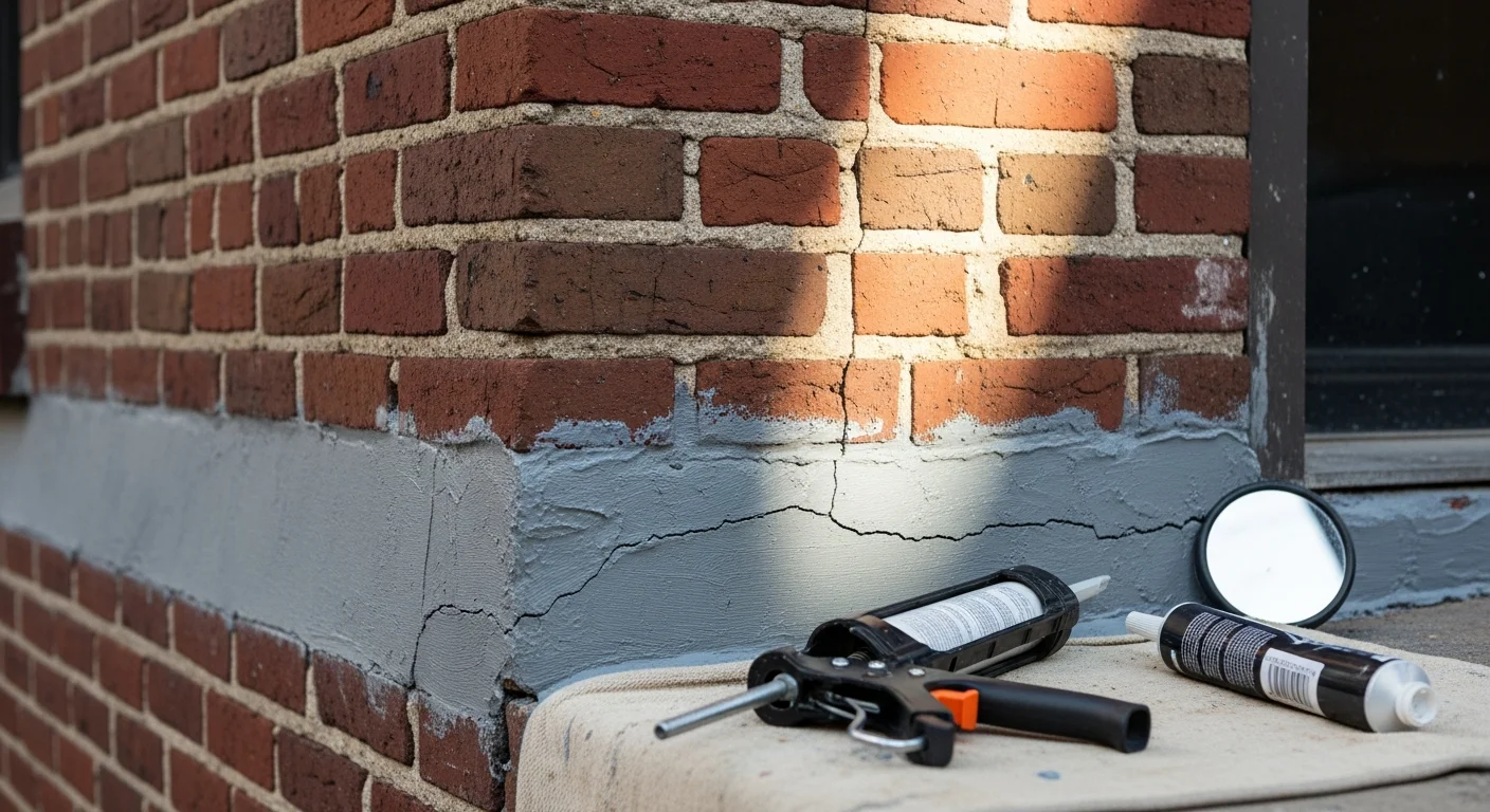 A wildlife control technician inspecting and sealing a cracked masonry foundation on a Boston residential property. Close-up view shows gap-filling work along the base of an older brick home exterior.