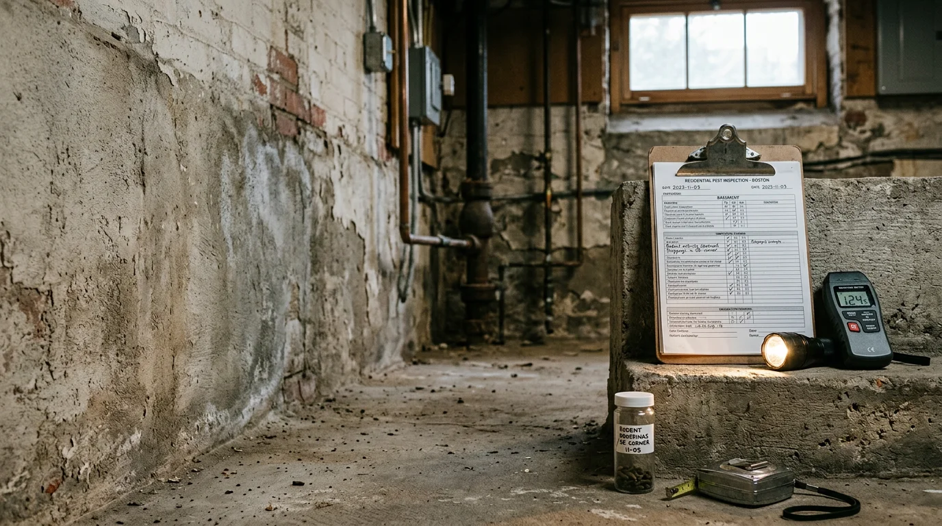 A pest control technician from Lighthouse Exterminators LLC inspecting the basement of a Boston-area home, checking along the foundation wall and utility pipes for signs of rodent activity and pest entry points.