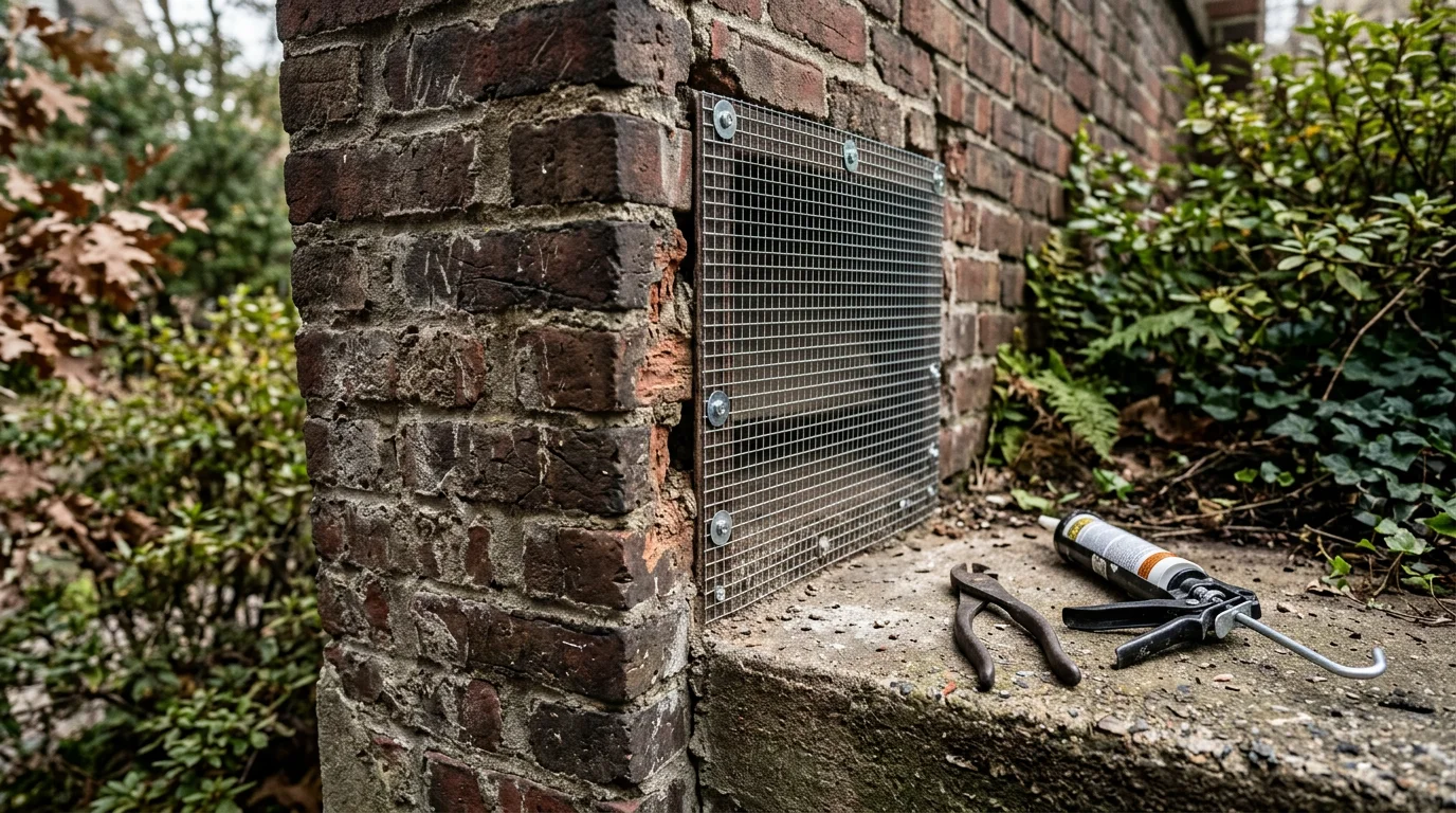 A wildlife removal technician inspecting the roofline and attic vents of a residential home in Boston for signs of raccoon or squirrel entry. Close-up view of a damaged soffit and open gap where an animal has pushed through near the roofline.