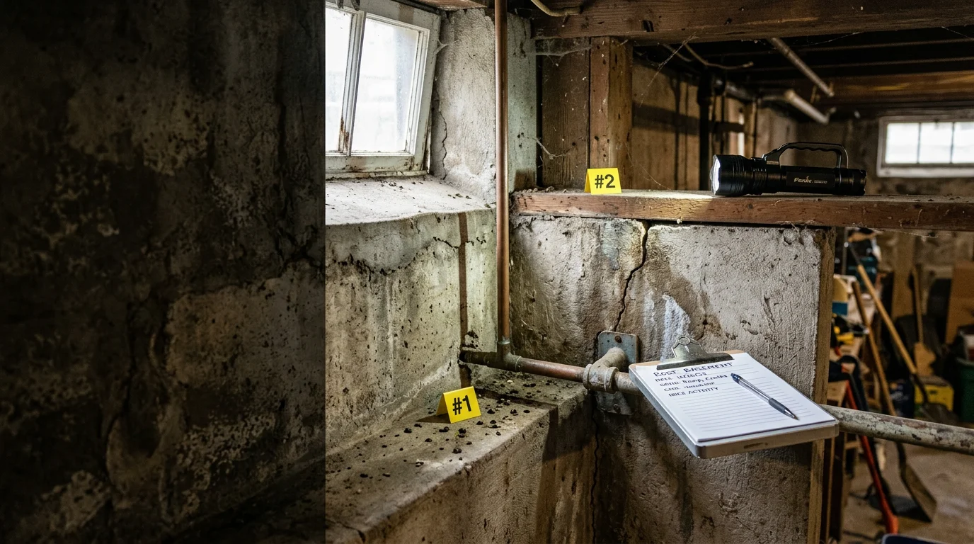 A pest control technician from Lighthouse Exterminators LLC inspecting the basement of an older Boston-area home, checking foundation walls and utility entry points for signs of rodent or insect activity.