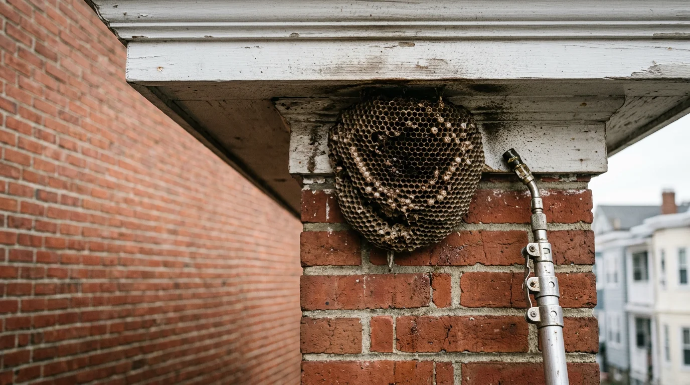 A pest control technician from Lighthouse Exterminators LLC inspecting a large bald-faced hornet nest attached to the eave of a residential home in the Boston area. The nest has been treated and is ready for full removal.