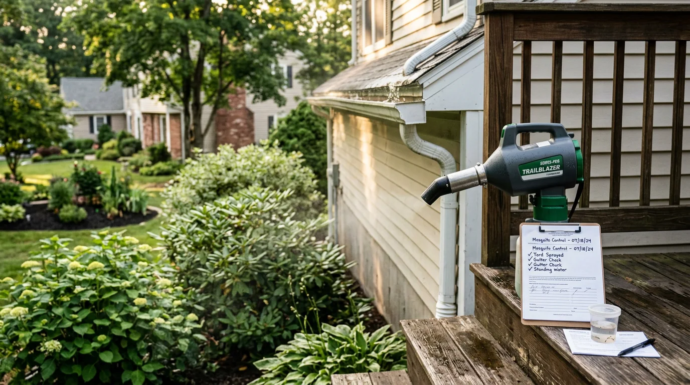 A pest control technician applying mosquito treatment to dense backyard vegetation at a residential property in Boston. The yard shows shaded shrubs and a wooden fence typical of homes across the Boston metro area.