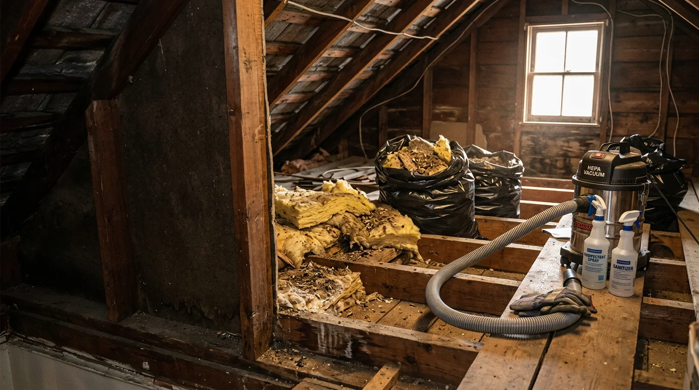 A pest control technician from Lighthouse Exterminators LLC removing contaminated nesting materials and droppings from an attic space in a Boston-area home. The area shows cleared debris and cleaned surfaces following professional pest waste clean up.
