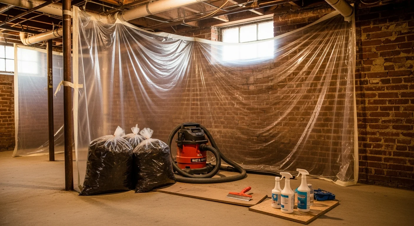 A pest remediation technician in full protective gear removing contaminated insulation and rodent droppings from the attic of a Boston residential property. The work area shows cleared debris and treated surfaces following a professional pest waste cleanup.