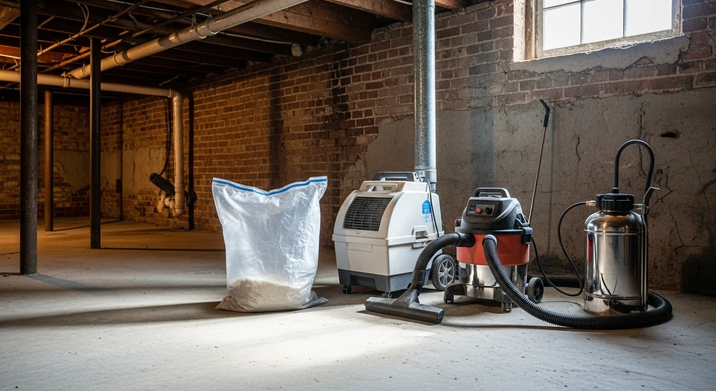 A Boston attic with freshly replaced insulation and sealed entry points following a rodent infestation cleanup by Lighthouse Exterminators LLC. The crawlspace framing and floor joists are visible and clean, showing completed post-pest restoration work in an older wood-frame home.