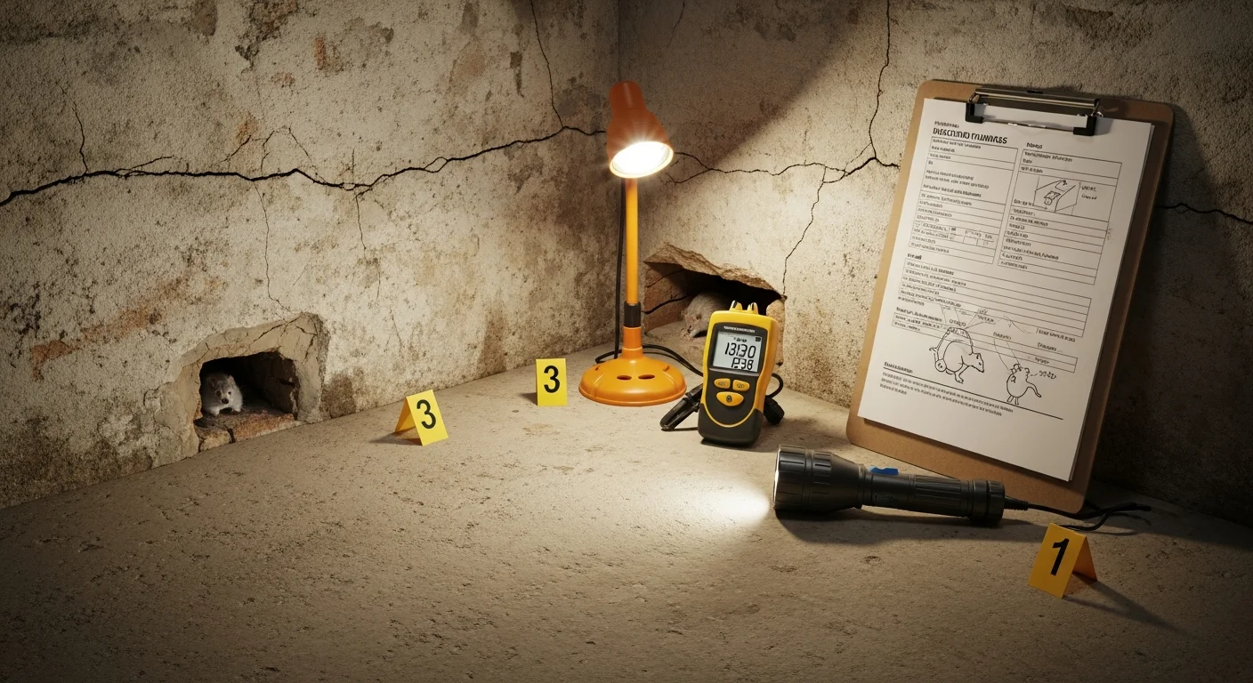 A pest inspector examining the foundation and crawlspace of an older Boston residential home for signs of rodent entry and termite damage. The technician uses a flashlight to check a stone foundation wall with visible utility penetrations.
