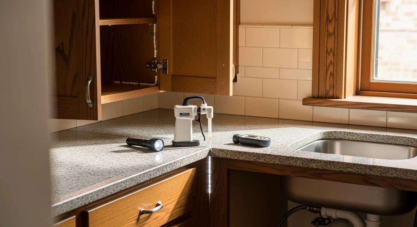 A pest control technician from Lighthouse Exterminators LLC inspecting under a kitchen sink in a Boston multi-unit building for signs of cockroach activity. Close-up view of a treated cabinet interior showing gel bait application points along the hinge line.
