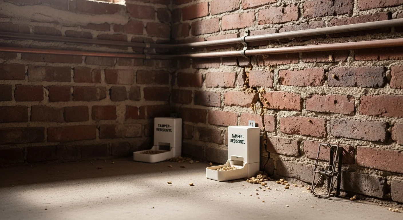 A pest control technician from Lighthouse Exterminators LLC inspecting a basement entry point for rodent activity in a Boston multifamily property. Tamper-resistant bait stations are positioned along the wall near a utility pipe penetration.