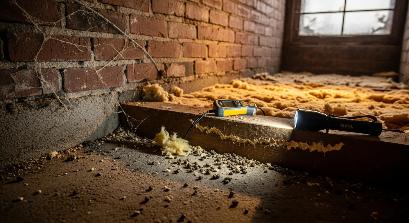 A pest inspector examining a dark basement crawlspace in a Boston multifamily building, using a flashlight to document rodent gnaw marks and droppings along a wooden floor joist. Close-up view shows visible damage to insulation and an identified rodent entry point near a pipe penetration.