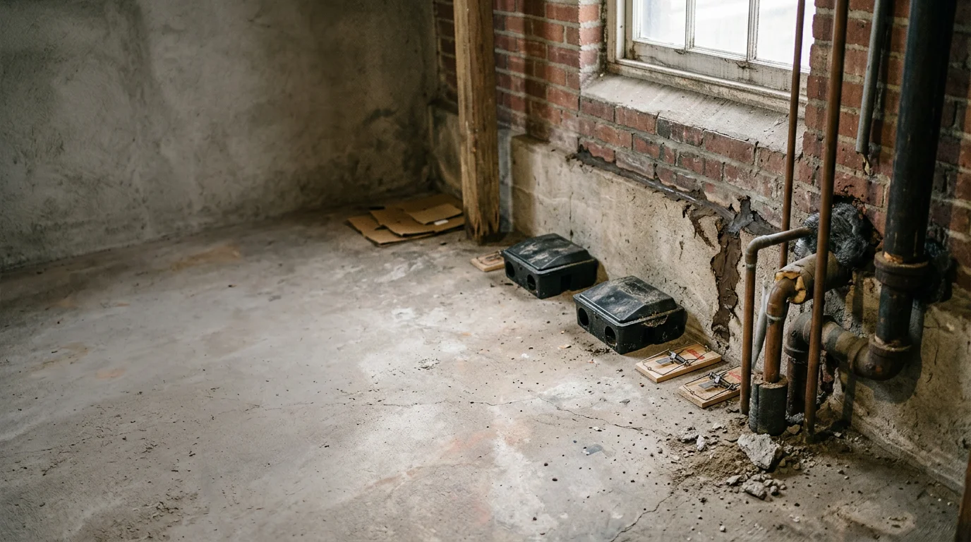A pest control technician from Lighthouse Exterminators LLC inspecting the foundation of a multifamily home in Boston for rodent entry points. Tamper-resistant bait stations are visible along the building perimeter.
